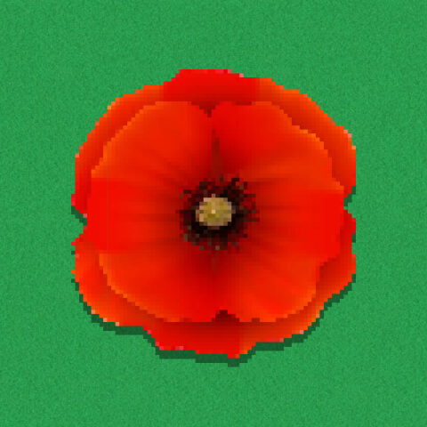 Pixel art of a red Anzac remembrance poppy flower with green stem against a dark background