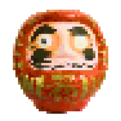 Pixel art of a red Japanese Daruma doll with detailed facial features symbolizing good luck and perseverance