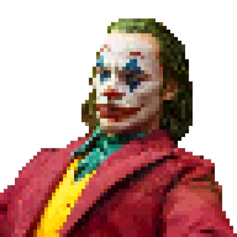 Detailed pixel art portrait of the Joker character with green hair, white face, and red lips in comic book style